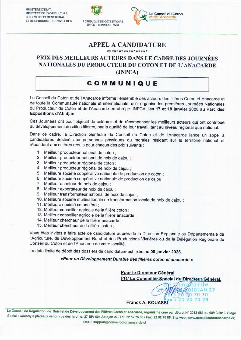 L’appel à candidature lancé par le Conseil du coton et de l’anacarde