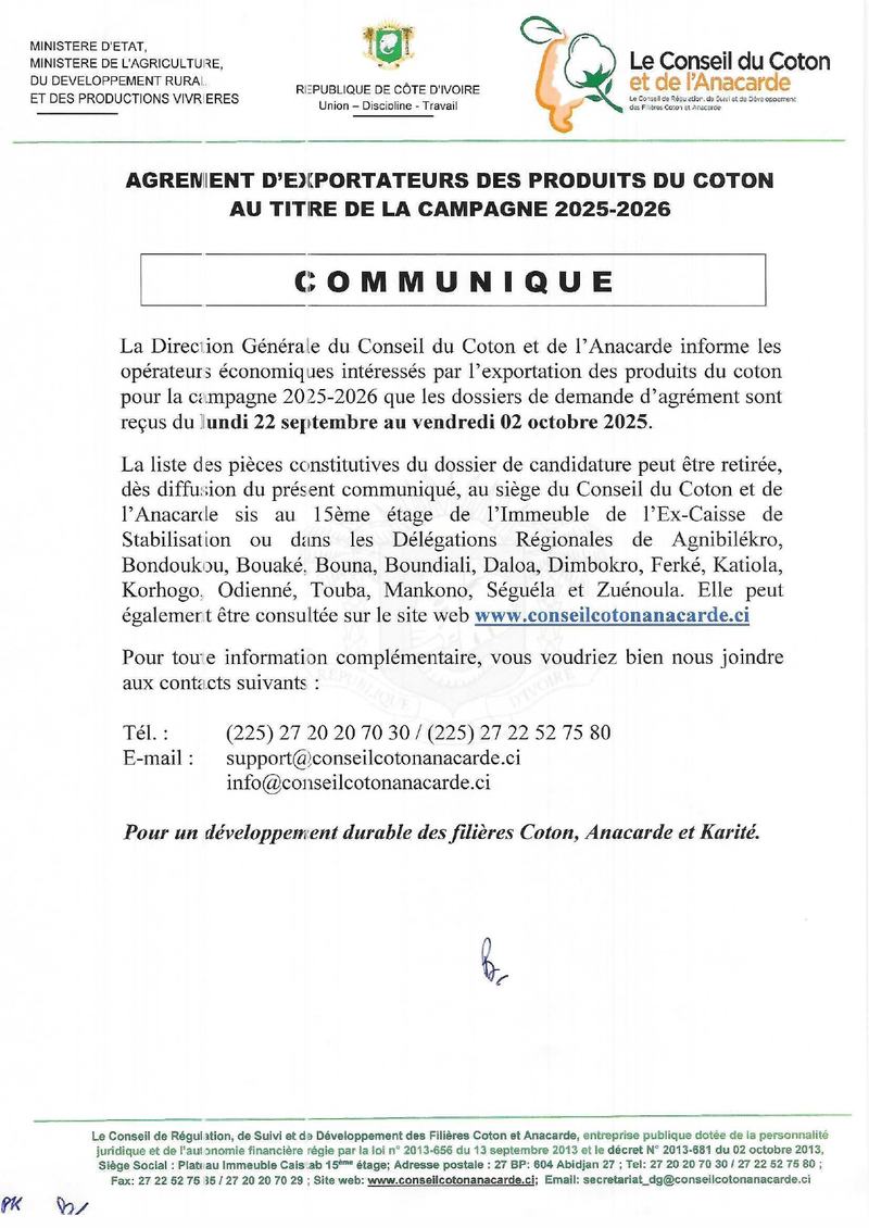 Communique agrement exportateur coton 2025 2026_page 0001