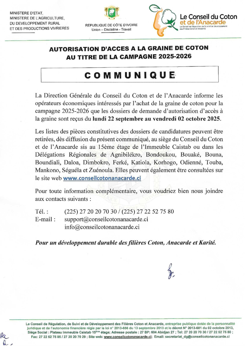 Comunique autorisation d_acces a la graine de coton 2025 2026_page 0001 1