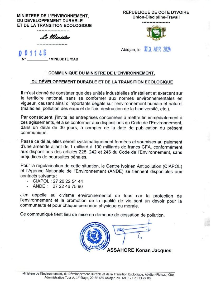Fac-similé de la mise en demeure à l’encontre de plusieurs pollueurs./ Photo-DR