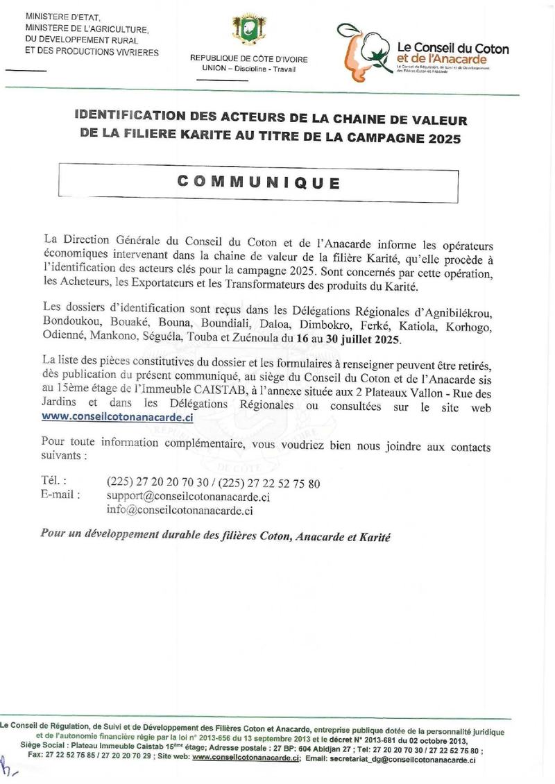 Communiqué publié par la direction générale du conseil coton et de l’anacarde/ Ph-DR