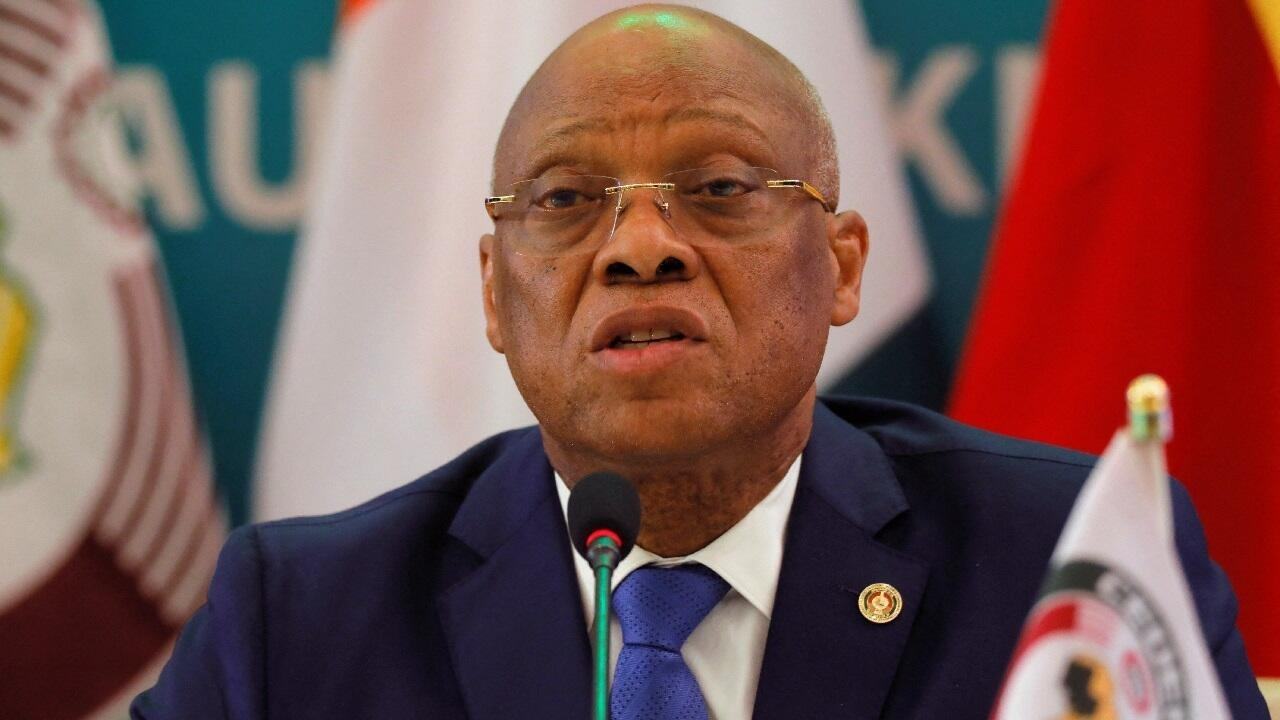 Jean Claude Kassi Brou, ECOWAS Commission president, delivers the final communique of the extraordinary summit of ECOWAS to hear reports from recent missions to Mali, Burkina Faso and Guinea following military coups in those countries, in Accra, Ghana Mar